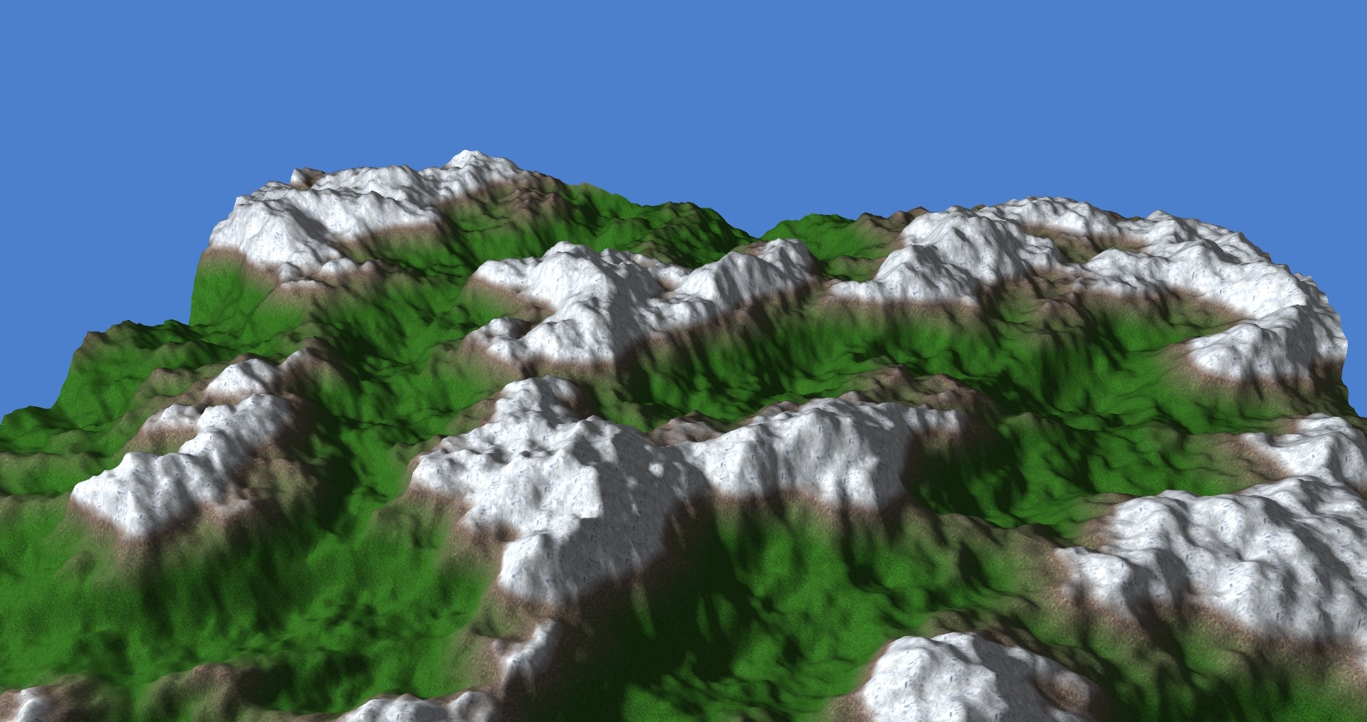 Using Perlin noise and height values to blend textures together, the terrain looked like this.
